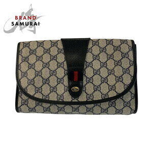 GUCCI Sherry Line Clutch Bag Gray Navy Blue Leather